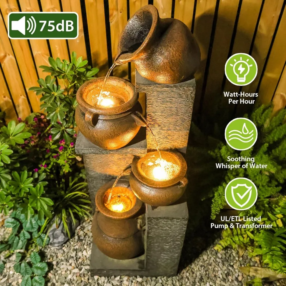 53" H Large Outdoor Water Fountain- 4 Cascading Waterfalls with Warm Lights - Image 4