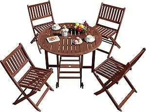 5-Piece Patio Dining Set- Acacia Wood Furniture- All-Weather Folding Round Table and Chairs for Backyard, Balcony, Porch, - Image 8