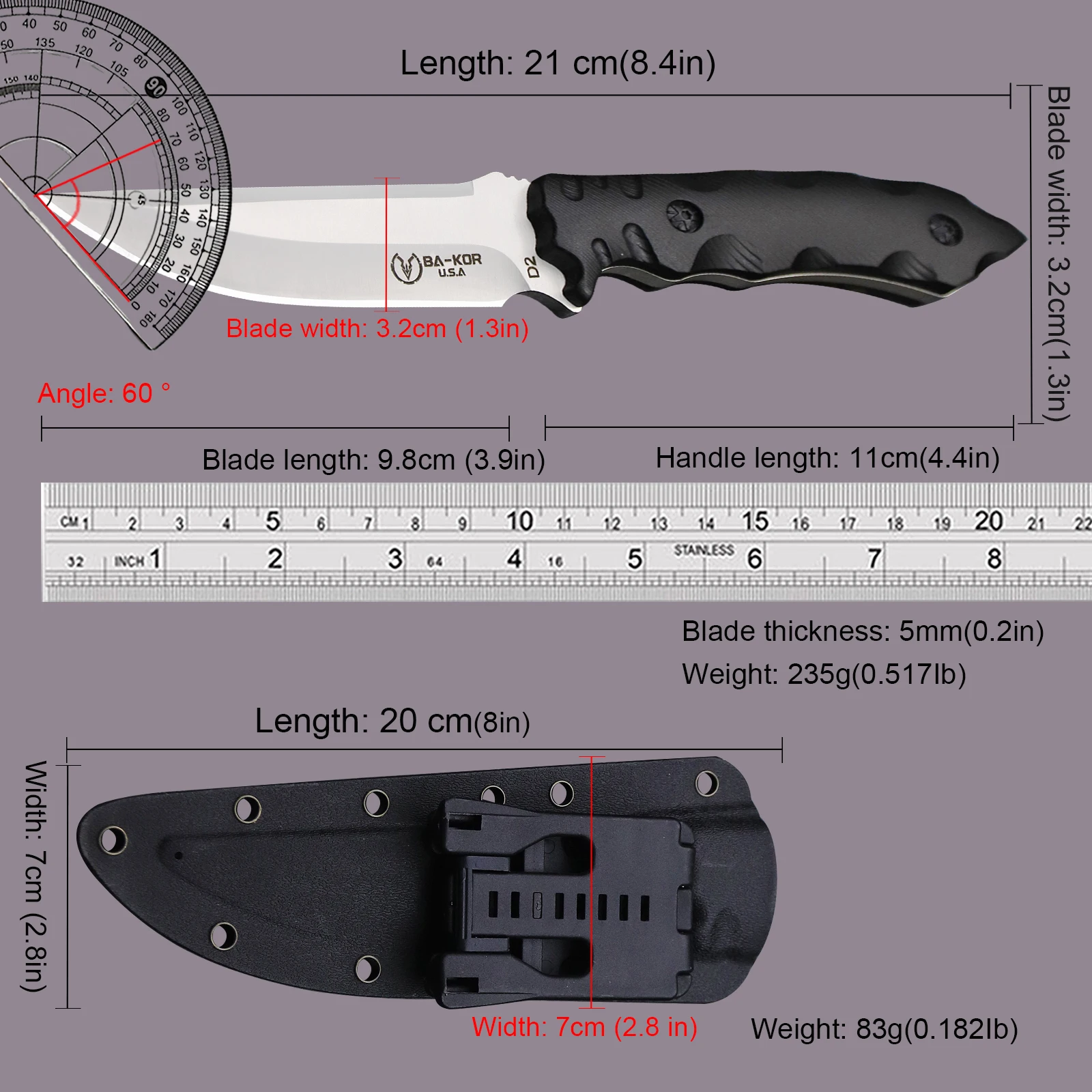 Wilderness, Survival, Straight Knife with K-sheath- High-Hardness Stainless Steel- Full-Tang - Image 5