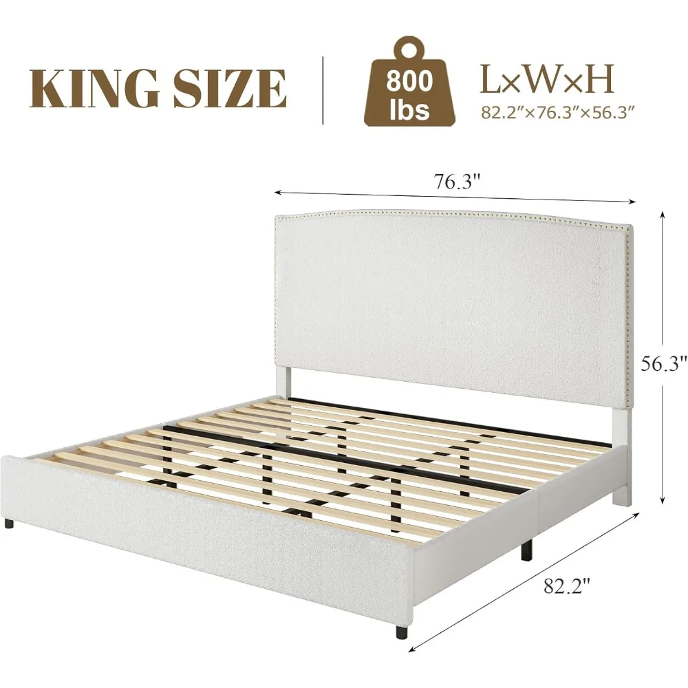 King-Size Upholstered Platform Bed Frame- 56" Headboard- Soft Boucle Fabric- No Box Springs Required- 3 Colors - Image 2