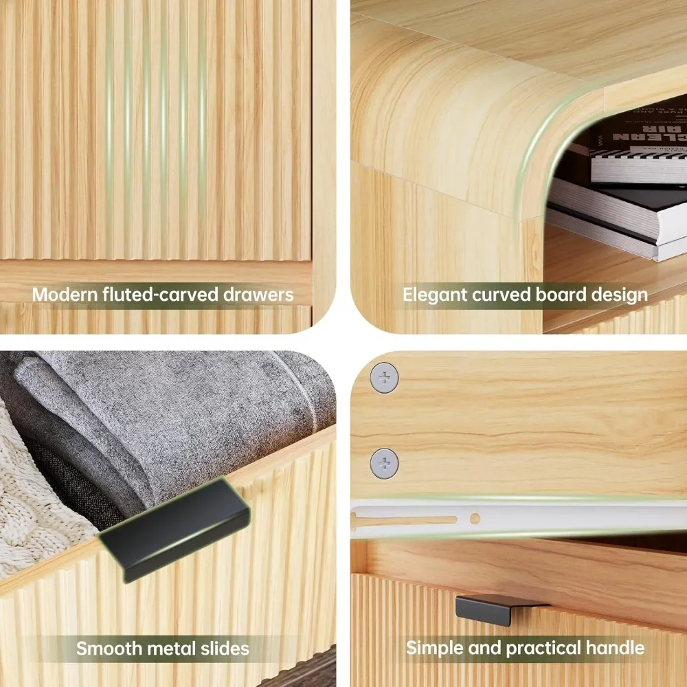 24" Fluted Nightstand/Side Table with Charging Station- 2 Drawers- Natural Oak, White, or Walnut - Image 6