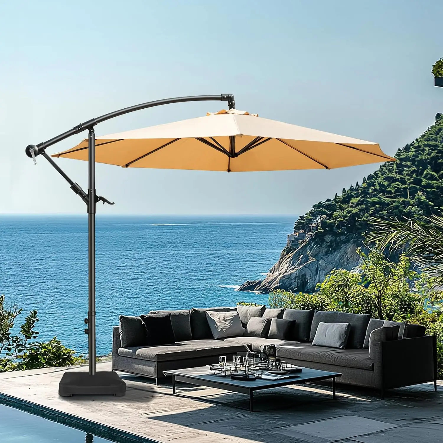 10-ft Offset Patio Umbrella with Base- Cantilever Market Umbrella UPF50+ UV Protection - Image 7
