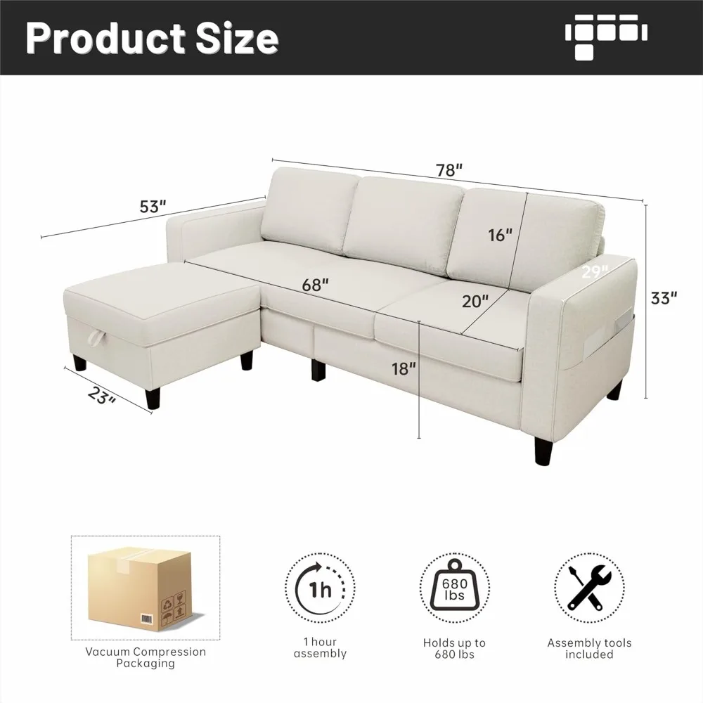 Sectional Sofa for Living Room - 78', L-Shaped Beige- Pet Friendly- Modular 3-Seater- Convertible Sofas- Washable- Multiple Fabrics and Colors - Image 2