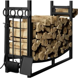Large Firewood Rack- 30.7in With Fireplace Tools Set- Heavy Duty Wrought Iron Indoor/ Outdoor Kindling and Log Holder