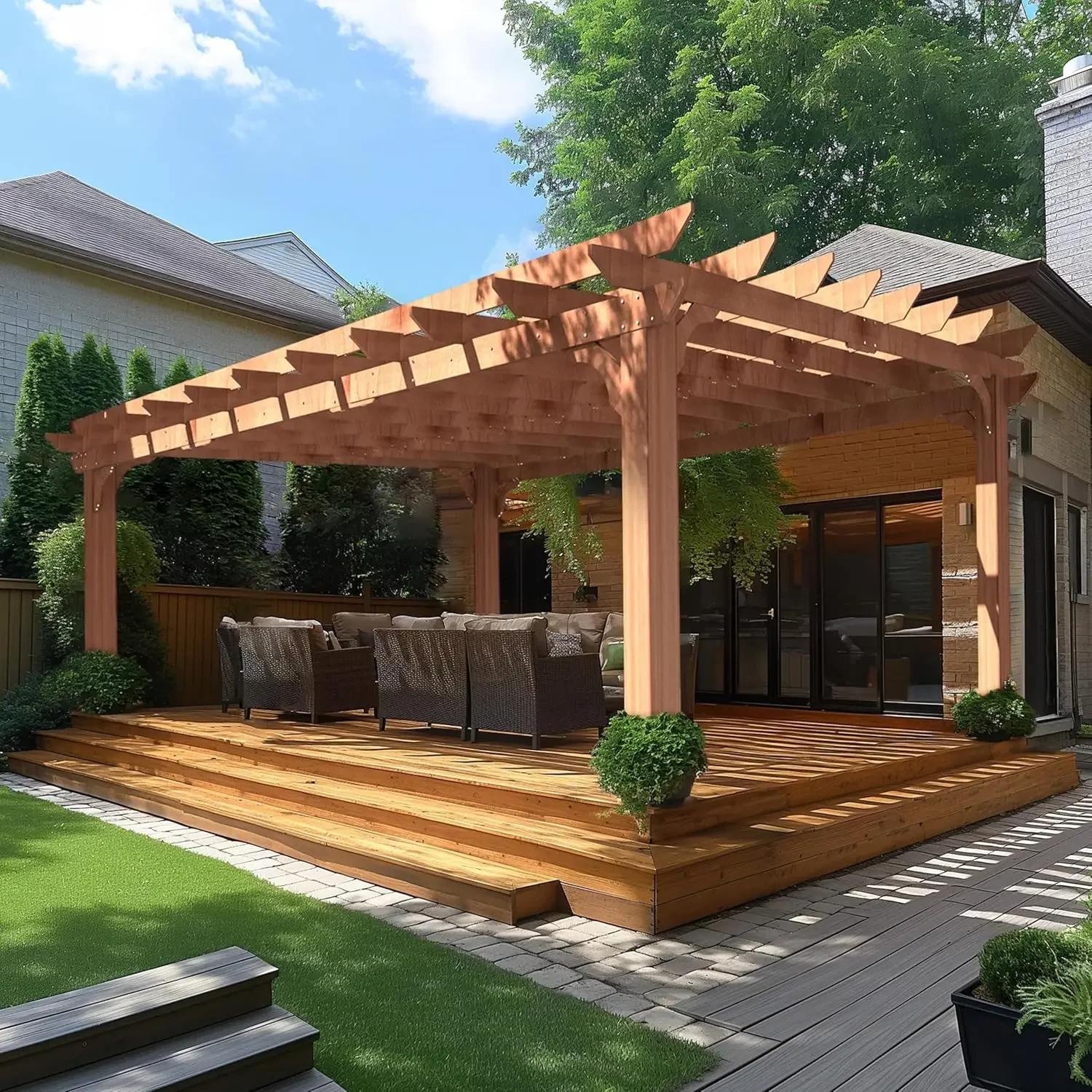 12 x 16 FT Wooden Pergola- Cedar Wood Gazebo with Flat Roof- Stakes Included