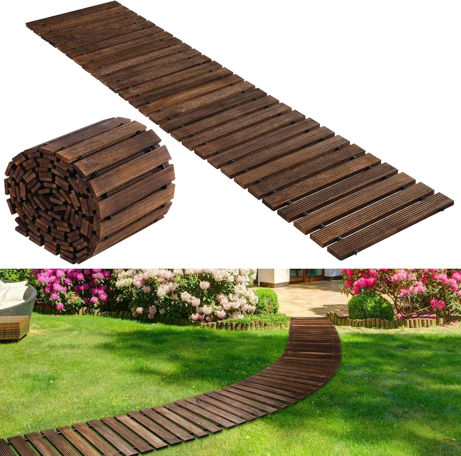 24 ft Wooden Garden Pathway- Non-Slip Surface- Roll Out Boardwalk- Light or Dark Wood