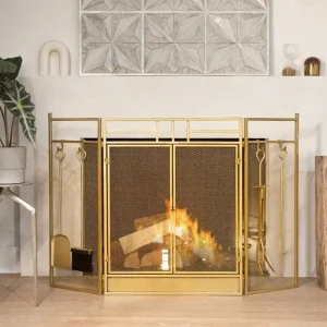Fireplace 3 Panel Screen- Spark Guard- Hinged Doors with Tools