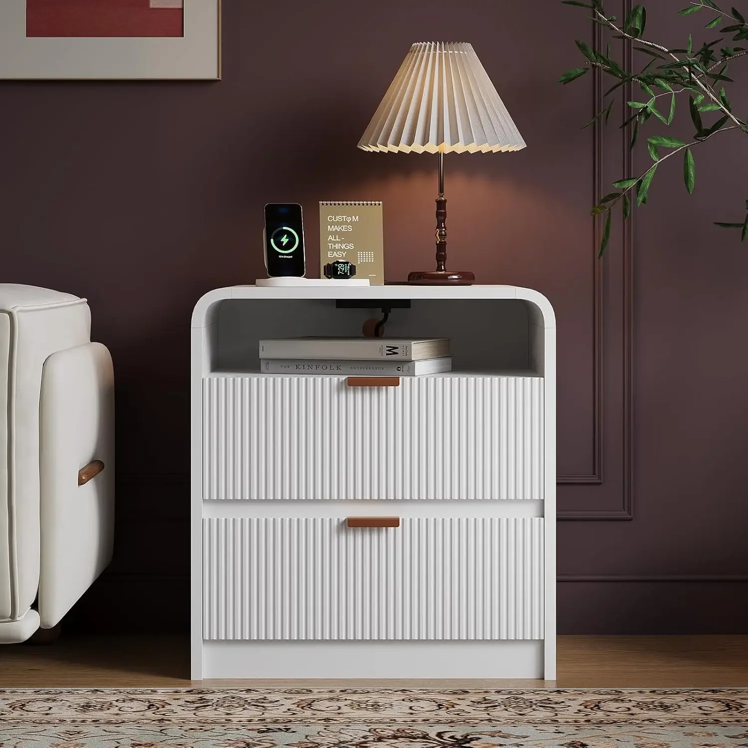 24" Fluted Nightstand/Side Table with Charging Station- 2 Drawers- Natural Oak, White, or Walnut - Image 7