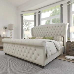 King-Size Platform Bed Frame- Chenille Upholstered Sleigh Bed- Scroll Wingback Headboard and Footboard- Button Tufted Cream
