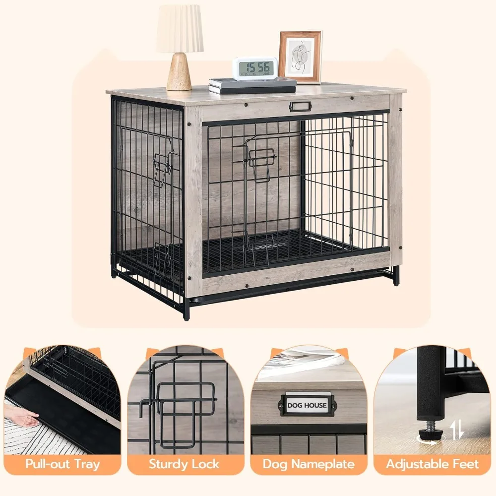 Dog Crate Furniture- 32.5" Medium Dog Indoor Kennel- Wooden Cage with Pull-Out Tray- Double Doors - Image 3