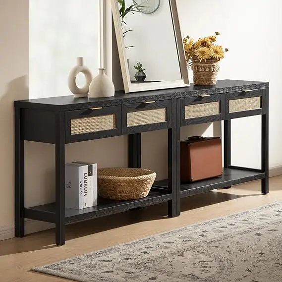 Console Table Set of 2- Entryway Table with Storage and Rattan Drawers - Image 8