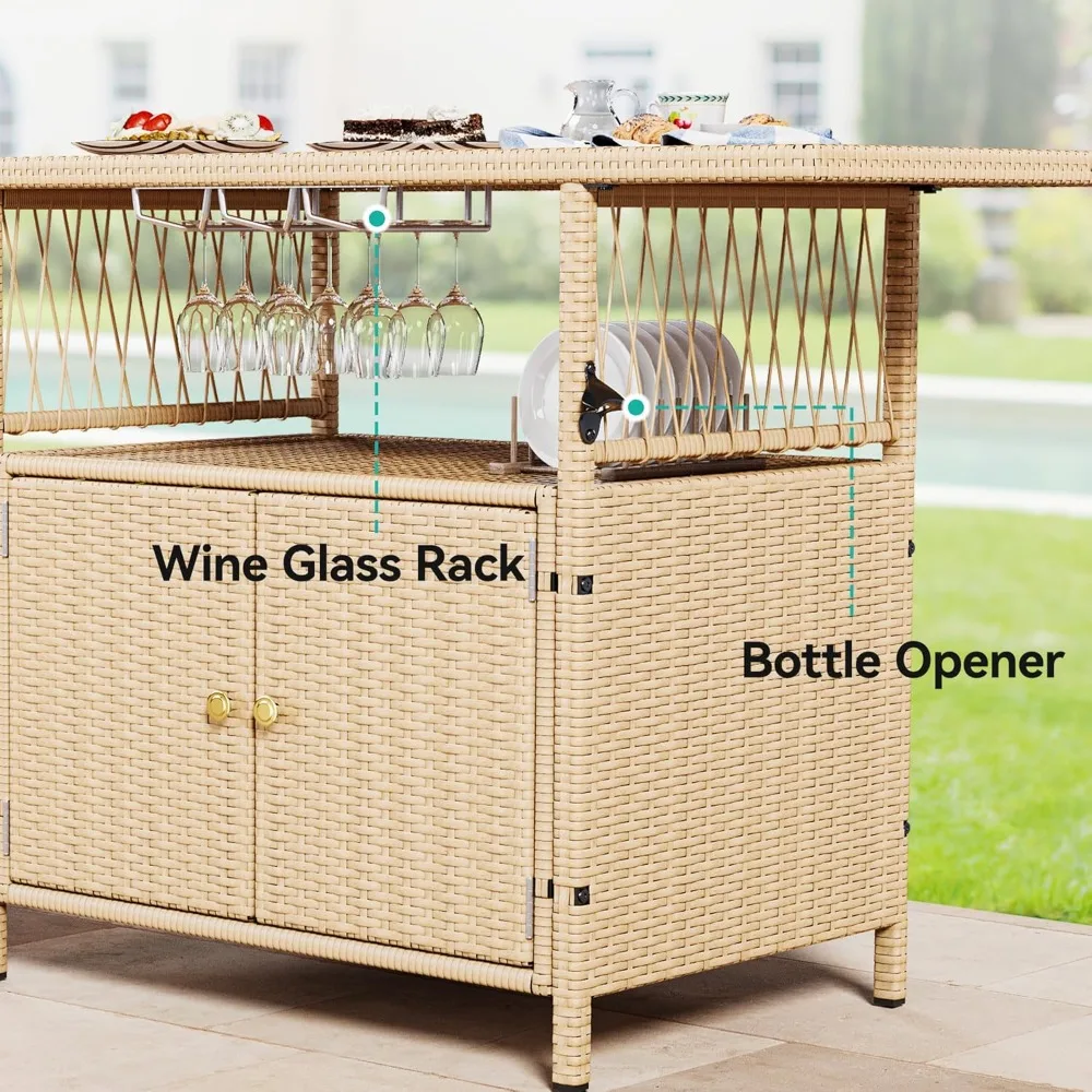XL Outdoor Storage Cabinet- Patio Wicker Bar Table w/Plastic Wood Tabletop- Wine Glass Holders- Light Brown- High Quality - Image 4