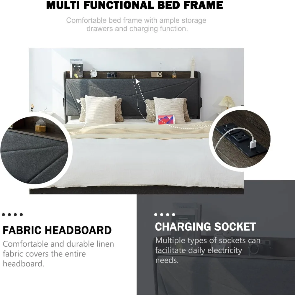 Queen-Size Bed Frame with 3 Drawers- Upholstered Bed Frame with Storage Headboard- AC USB & Type C Charging Station - Image 3