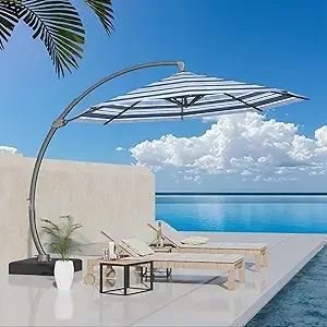 11-ft Offset Cantilever Patio Umbrella with Solar Lights and Included Base- 7 Colors