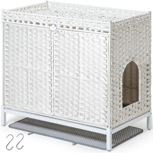 Large Indoor Cat Litter Box Enclosure- Furniture with Hidden Litter Box- Handwoven Rattan Design- Non-Slip Mat- Elevated Metal Feet for Stability