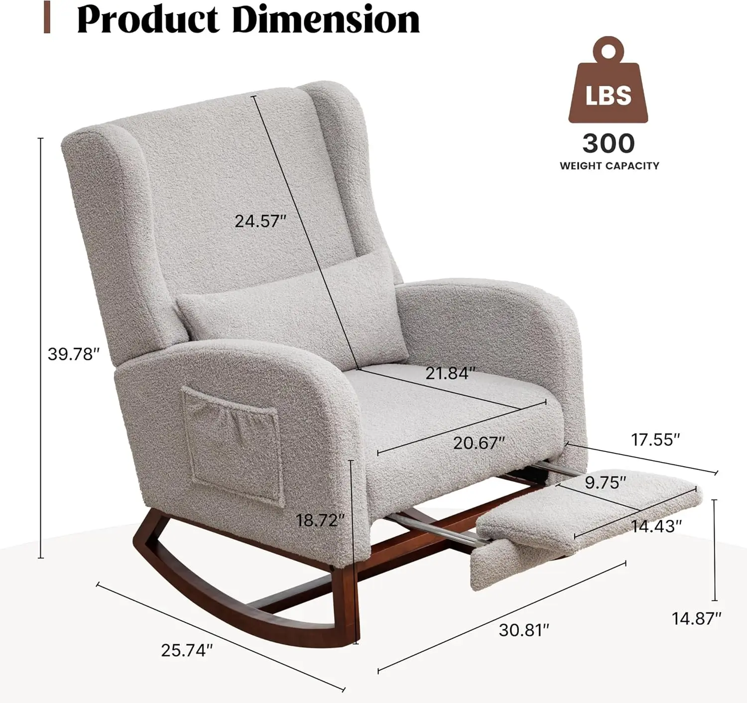 Nursery Wingback Rocking Chair- Footrest- Teddy Fabric- Nursing Glider/ Rocker Chair with Pillow and High Back - Image 3