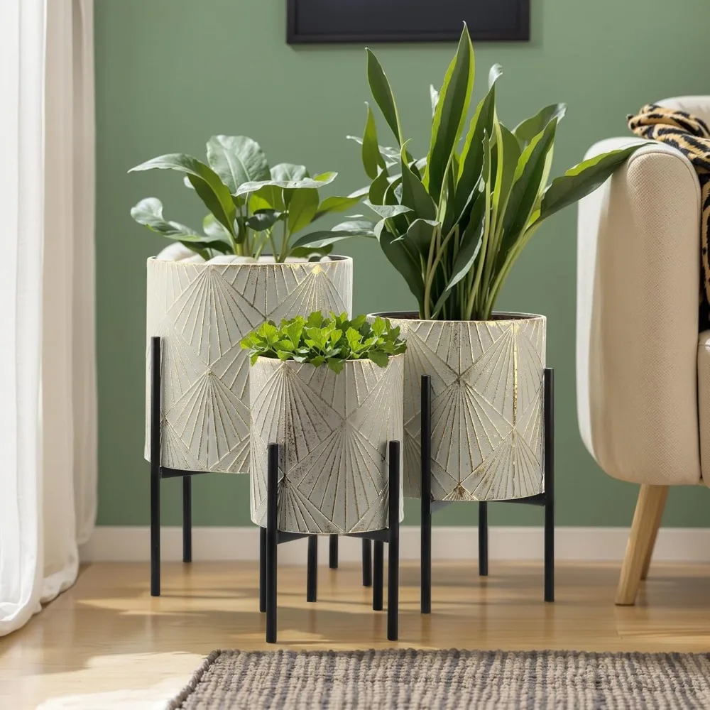 Indoor/Outdoor Planters- Set of 3 Floor Plant Pots with Stands- Decorative Metal Flower Pots - Image 2