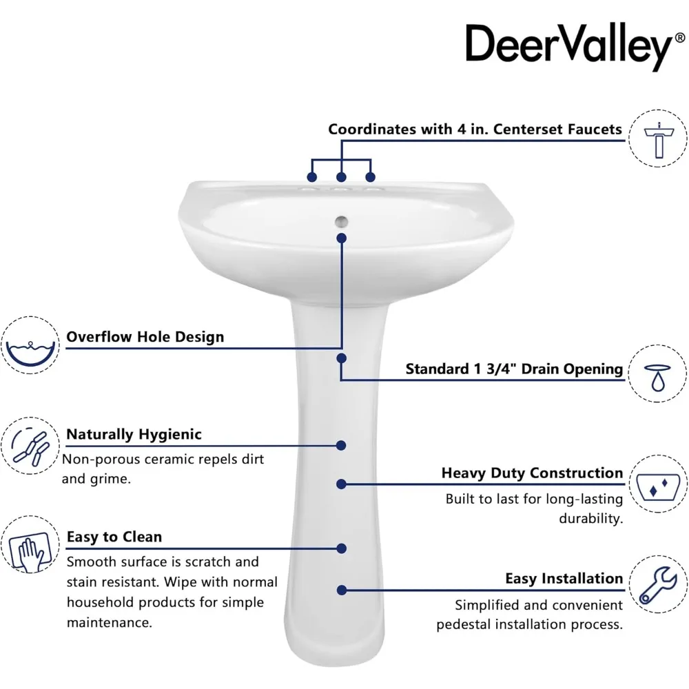 20" X 17" Modern U-Shape White Ceramic Pedestal Bathroom Sink With Three Faucet Holes - Image 5