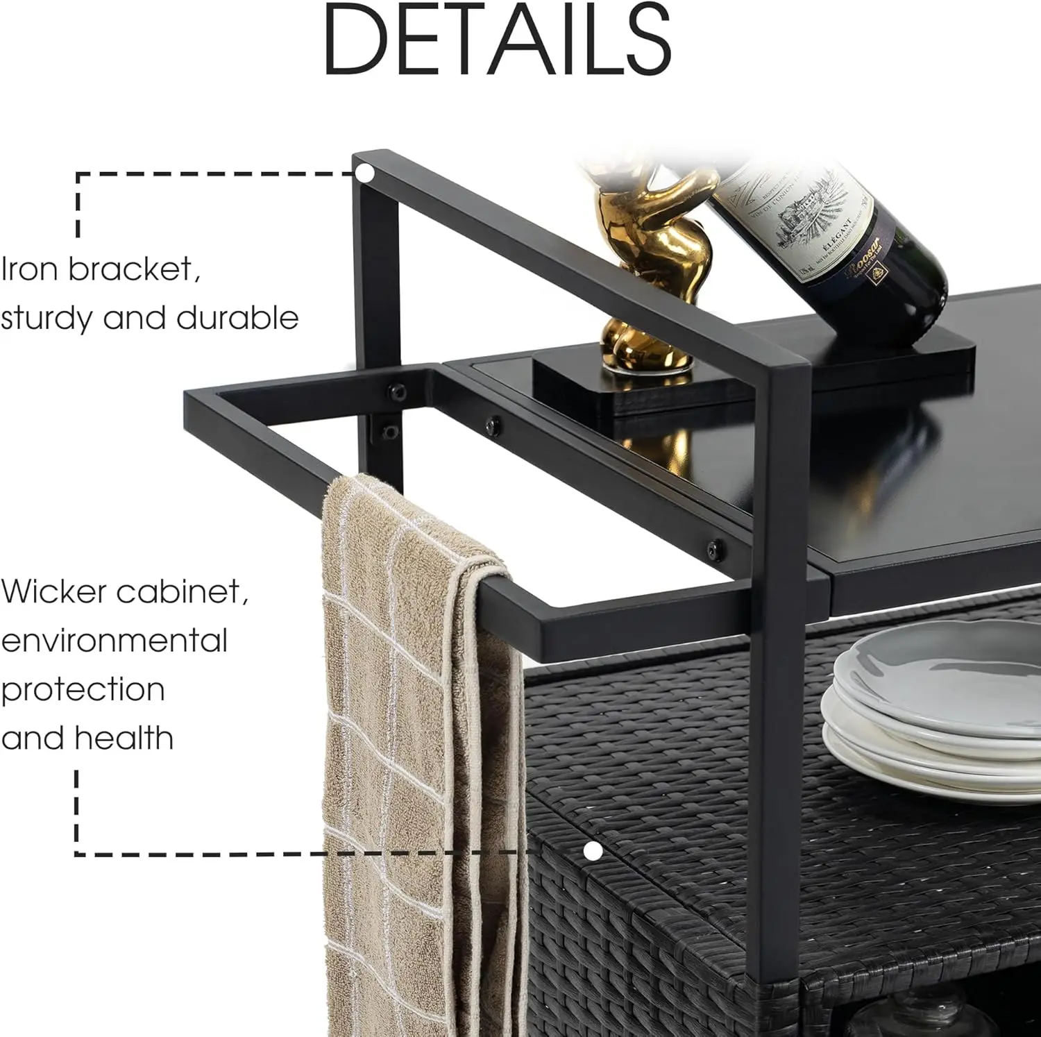 Outdoor Bar Cart Table - Patio Storage Cabinet- BBQ Grill Cart- Buffet with Wheels- Waterproof Wicker Serving Table - Image 5