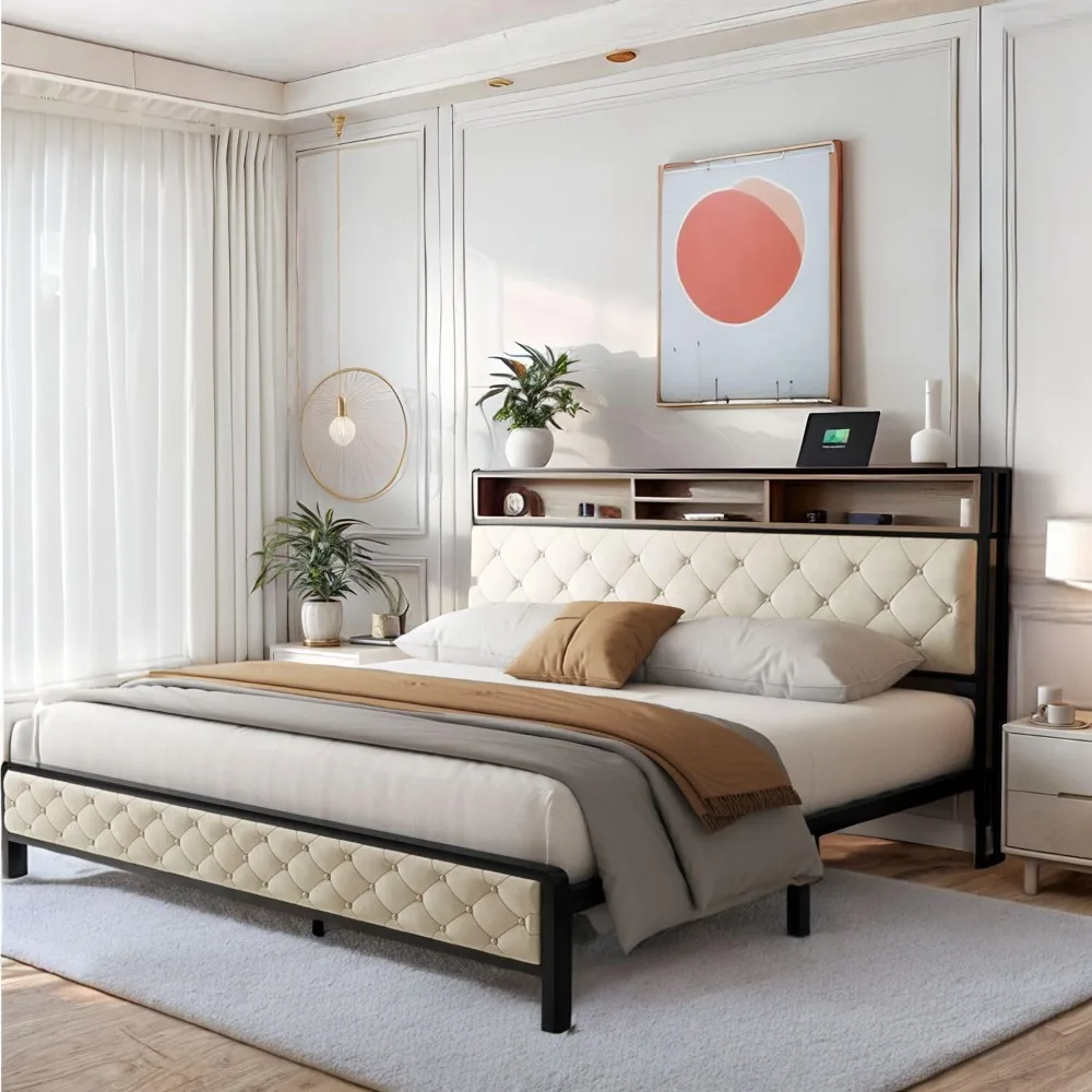 King-Size Bed Frame with Charging Station- Upholstered Platform Bed with Storage Headboard