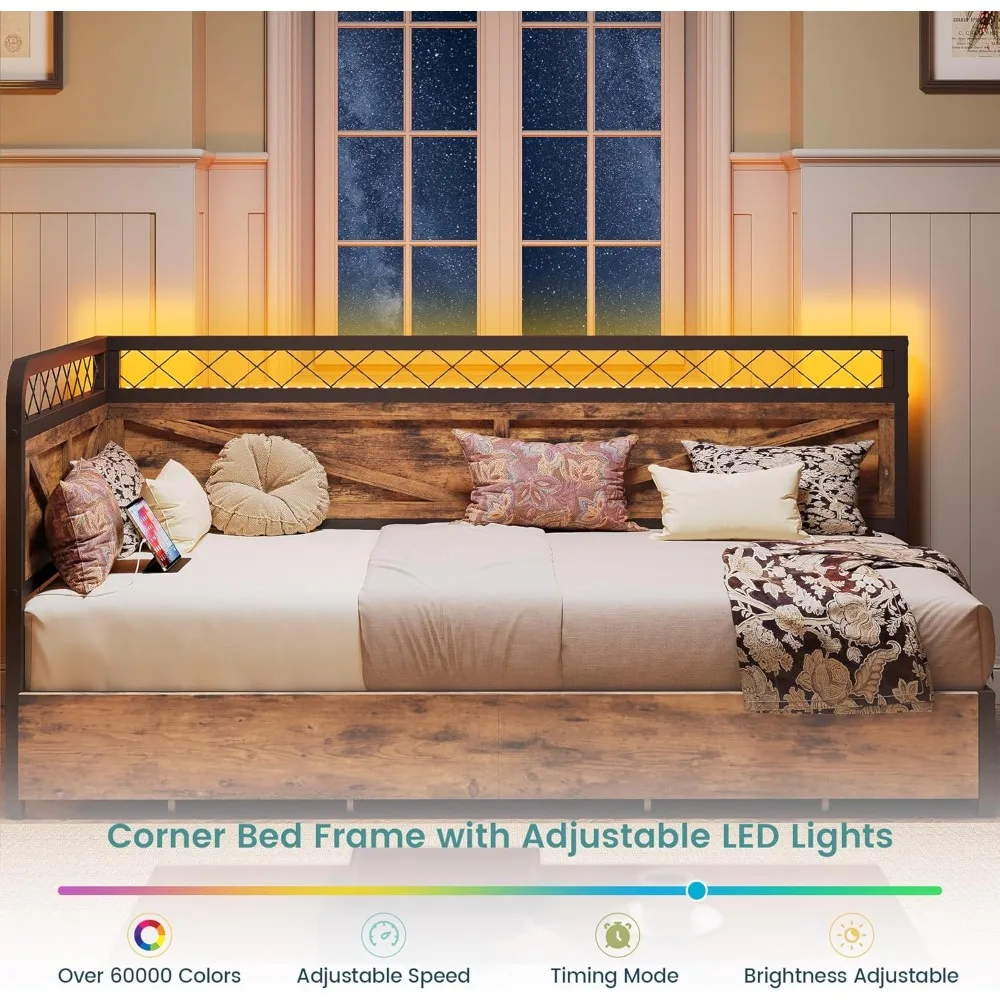 Twin Daybed/Corner Bed Frame- LED lights and charging station- Under-Bed Storage Drawer - Image 3