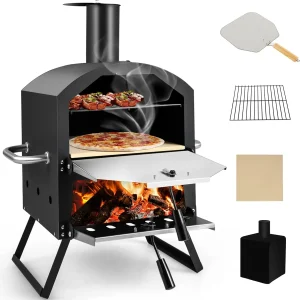 Outdoor Wood-Fired Pizza Oven- 2-Layer Pizza Maker with Pizza Stone, Pizza Peel, Removable Cooking Rack, and Waterproof Cover