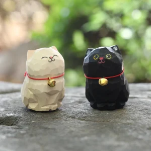 Handmade Wooden Black/ White Kitten Figurine