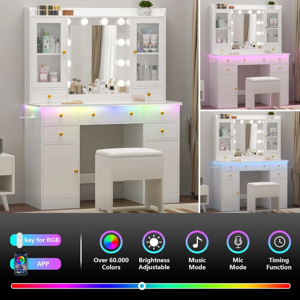 Vanity Desk with Mirror and Lights- 43" White Makeup Vanity Set- 5 Drawers & Glass Cabinets- Storage Stool- Power Outlet - Image 4