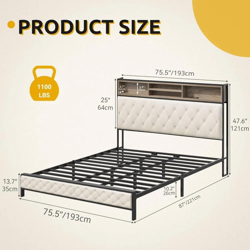 King-Size Bed Frame with Charging Station- Upholstered Platform Bed with Storage Headboard - Image 2
