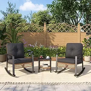 3-Piece Rocking Bistro Set- Patio Furniture- Coffee Table- Thick Cushions- Wicker Rocking Chairs- Set of 2 - Image 7