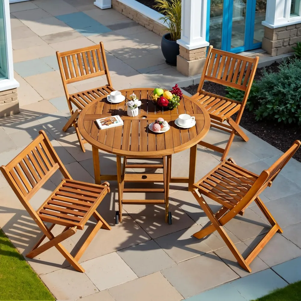5-Piece Patio Dining Set- Acacia Wood Furniture- All-Weather Folding Round Table and Chairs for Backyard, Balcony, Porch, - Image 5