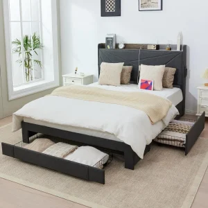 Queen-Size Bed Frame with 3 Drawers- Upholstered Bed Frame with Storage Headboard- AC USB & Type C Charging Station