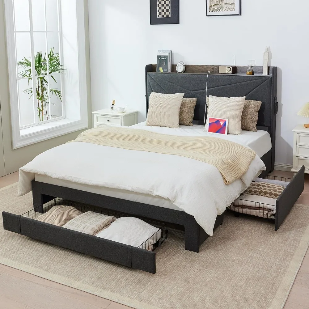 Queen-Size Bed Frame with 3 Drawers- Upholstered Bed Frame with Storage Headboard- AC USB & Type C Charging Station