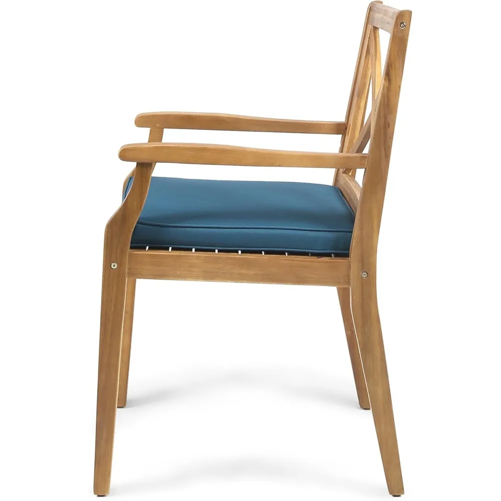 Set of 2- Outdoor Dining Chairs- All-Weather Accent Chairs with Arms and Blue Cushions - Image 6