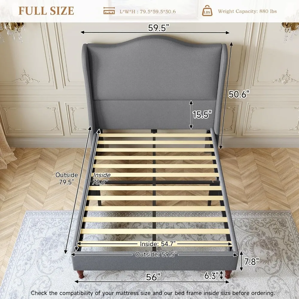 Full-Size Bed Frame- Upholstered Platform Bed- 51" Tall Wingback Headboard- Soft Fabric- 3 Colors - Image 2