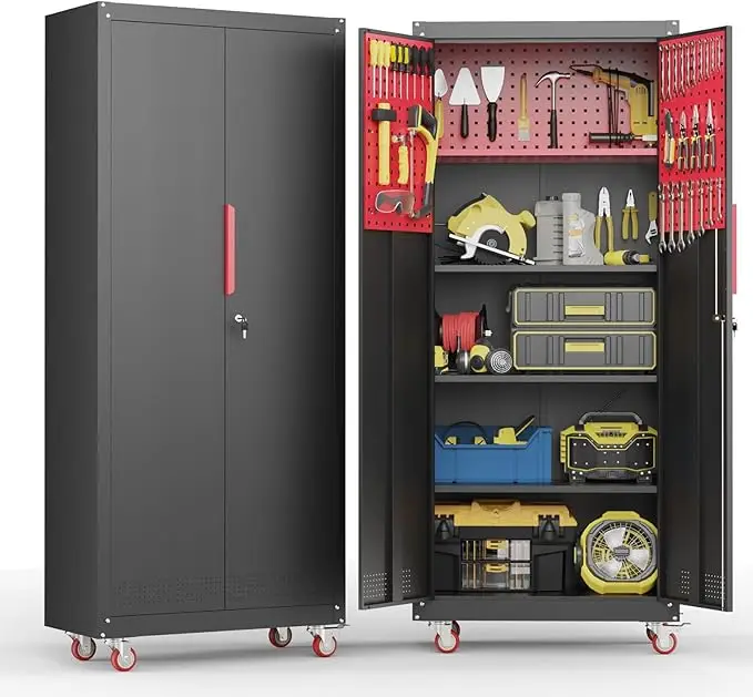 71" Metal Garage Storage Cabinet- Wheels- 5 Adjustable Shelves- Lockable - Image 7