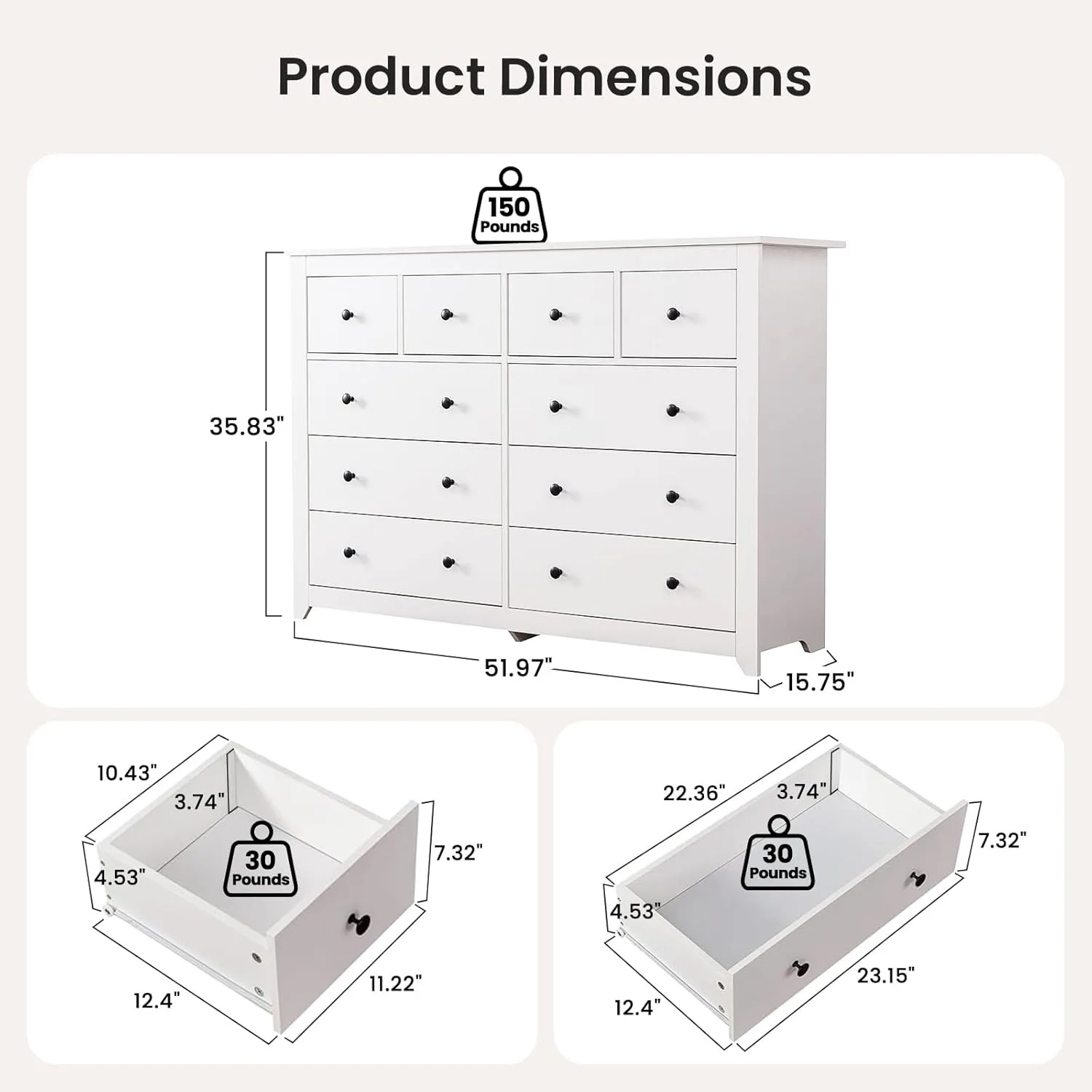 White 10-Drawer Dresser- 52" Large, Wide Chest of Drawers - Image 2