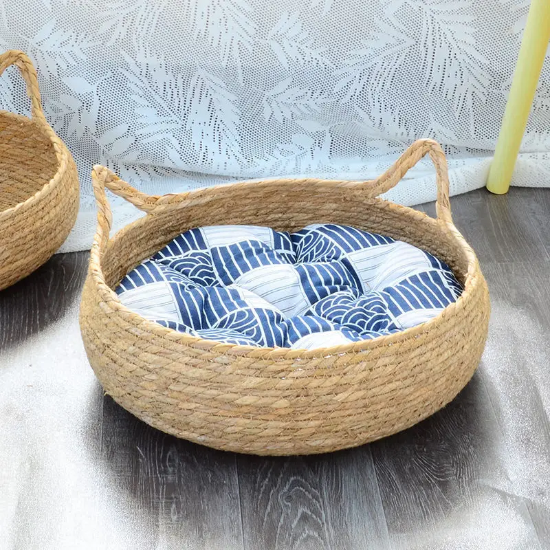 Rattan Woven Cat Basket/Bed with Cushion - Image 3