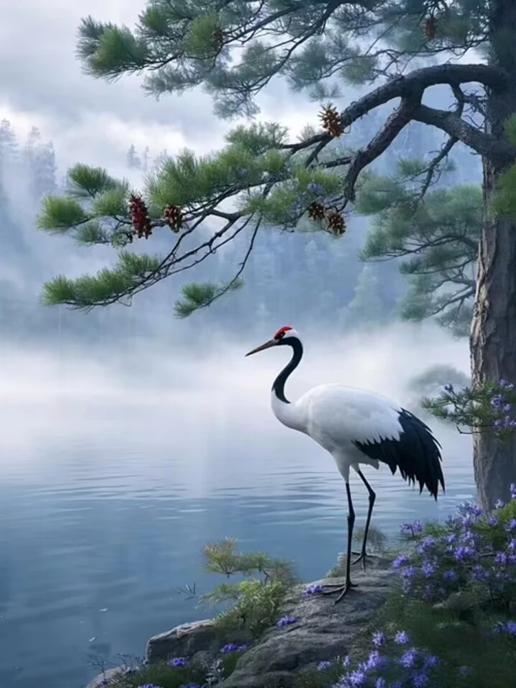 Diamond Painting Kit- Pine Crane Lake Scenery- Full Square/ Round Mosaic Diamond Painting - Image 9