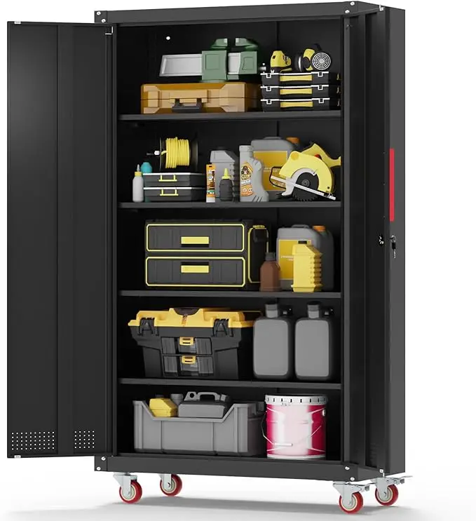 71" Metal Garage Storage Cabinet- Wheels- 5 Adjustable Shelves- Lockable - Image 8