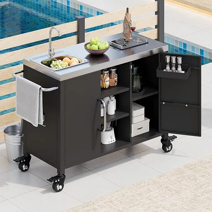 Kitchen Island with Sink- Metal Grill Cart- 304 Stainless Steel Sink- 55.5 Inch Outdoor Bar Cart Station with 4 Lockable Castors - Image 7