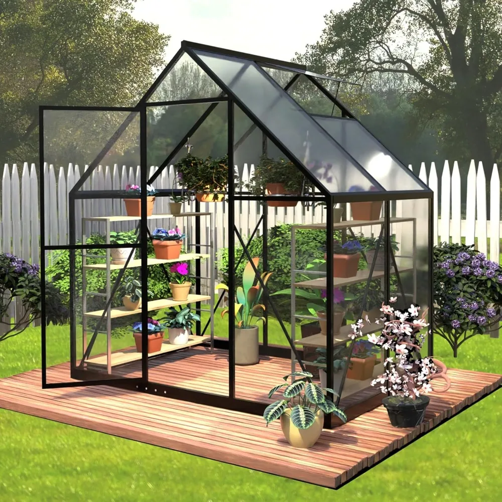 6 x 4 FT Polycarbonate Greenhouse- Roof Air Vent- Heavy Duty Walk-in