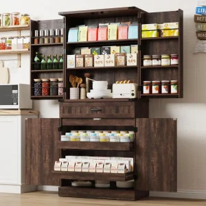 71"- Tall Kitchen Pantry/ Cabinet with 3 Drawers- Farmhouse Style with 6 Barn Door Shelves