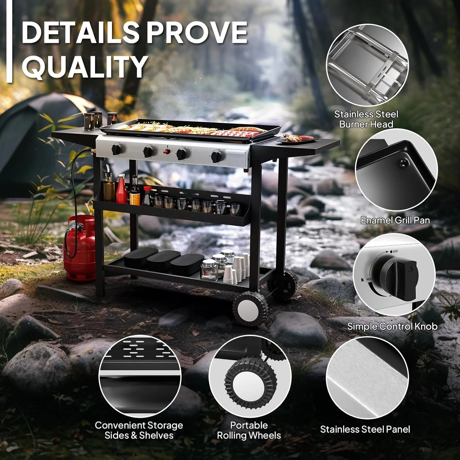4-Burner Portable Propane Griddle- Nonstick Enameled Tray- 40000 BTU Rolling Flat Top Gas Grill- Electronic Ignition - Image 2