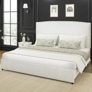 King-Size Upholstered Platform Bed Frame- 56" Headboard- Soft Boucle Fabric- No Box Springs Required- 3 Colors