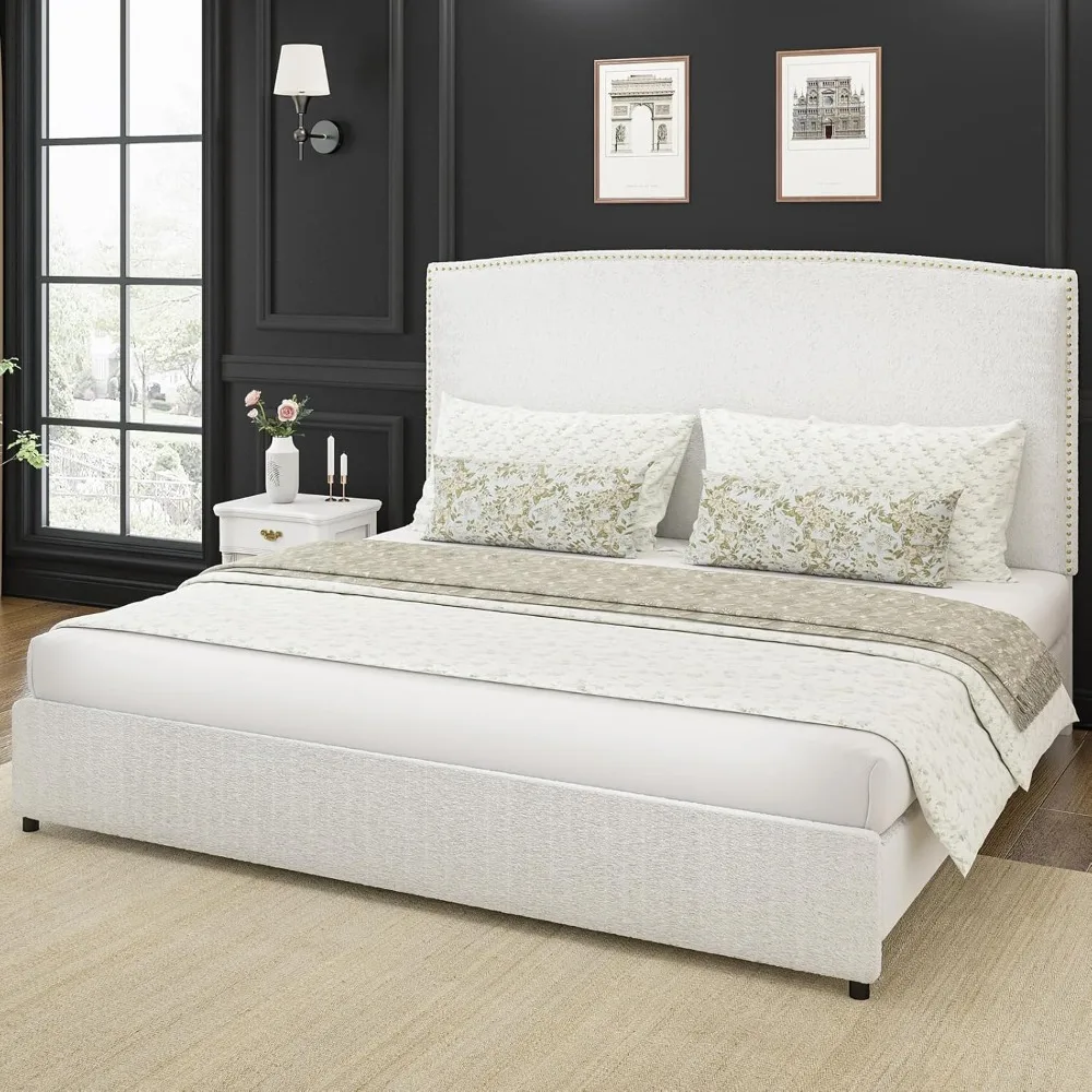 King-Size Upholstered Platform Bed Frame- 56" Headboard- Soft Boucle Fabric- No Box Springs Required- 3 Colors
