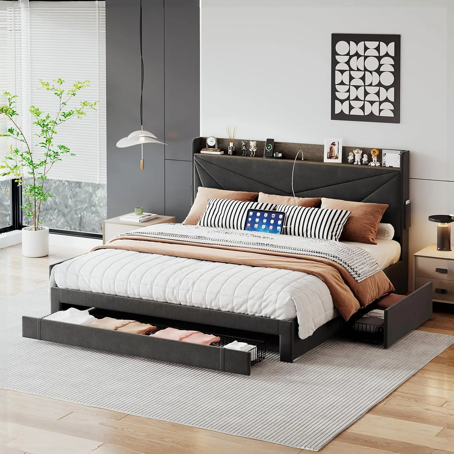 Queen-Size Bed Frame with 3 Drawers- Upholstered Bed Frame with Storage Headboard- AC USB & Type C Charging Station - Image 8