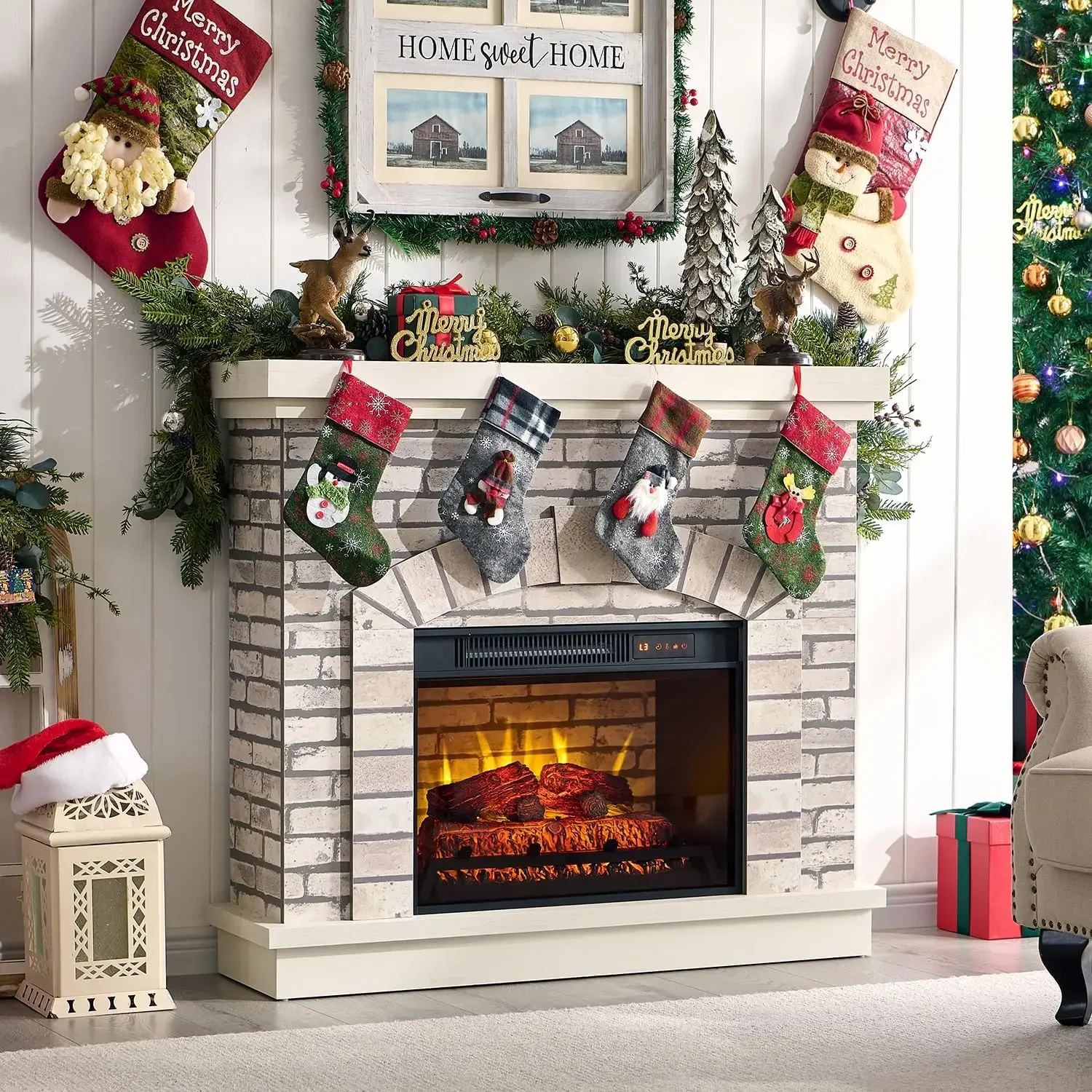 42-inch Farmhouse Electric Fireplace with Mantel- TV Stand- 23'' Freestanding Electric Fireplace Heater- Remote Control