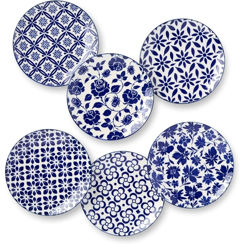 Set of 6 Porcelain Plates- 6 Inch Blue and White- Microwave and Dishwasher Safe - Image 2