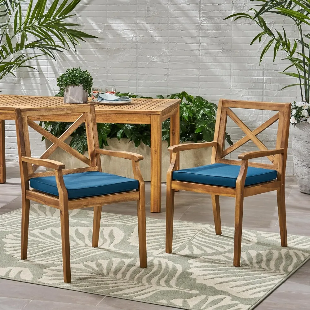 Set of 2- Outdoor Dining Chairs- All-Weather Accent Chairs with Arms and Blue Cushions - Image 5